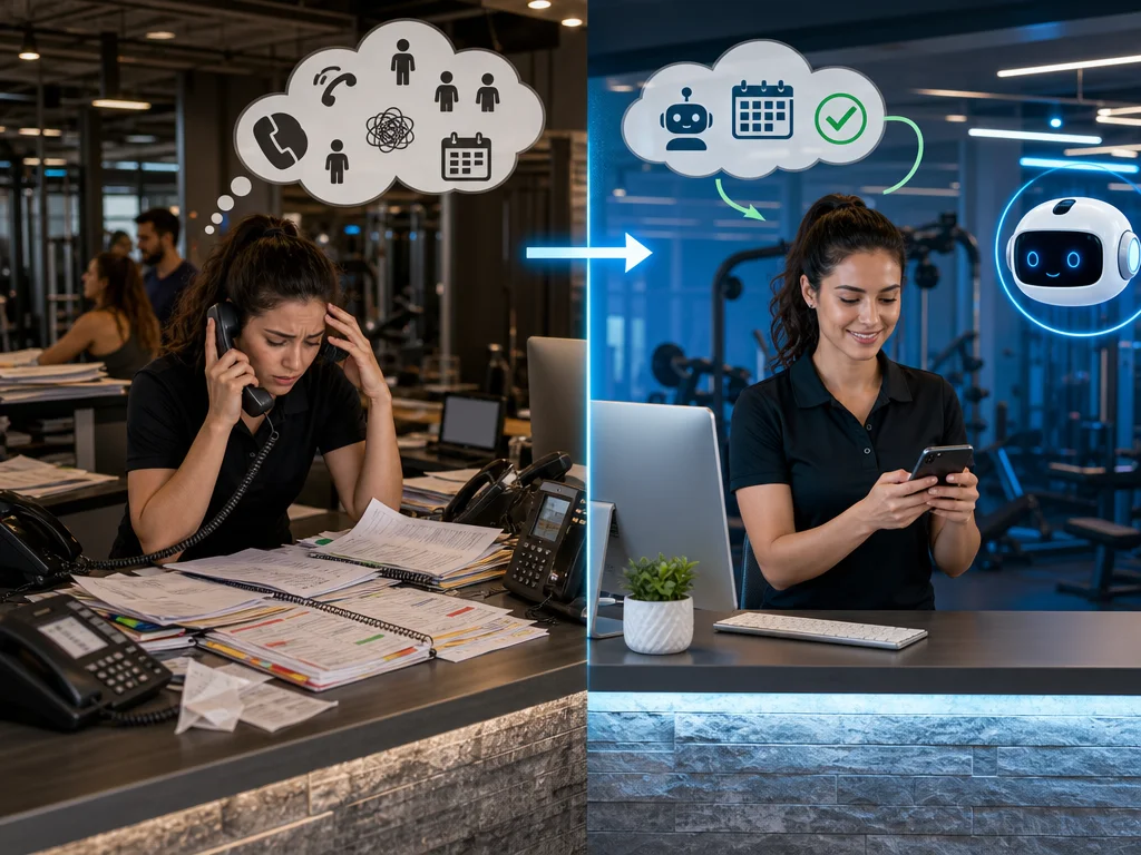 Split view of manual versus automated WhatsApp scheduling in a gym reception with chatbot and digital calendar
