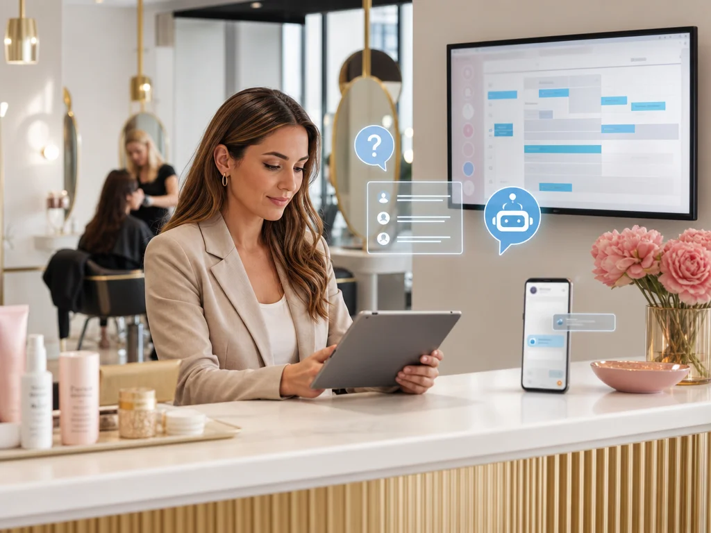 Salon owner using an AI chatbot to manage common questions and booking support in a tidy reception area