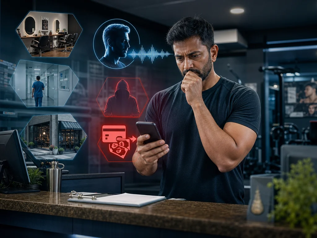 Small gym owner checking a suspicious message while AI scam visuals and fraud warning cues appear