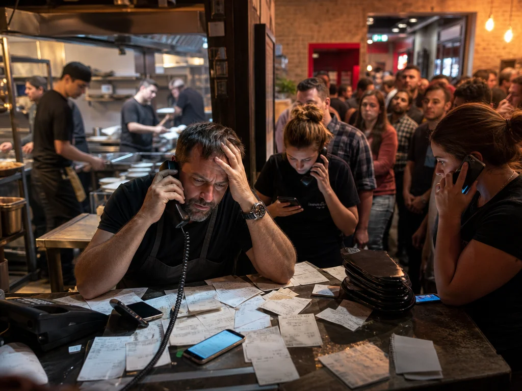 Overwhelmed restaurant team struggling with manual orders, reservations, and peak-hour customer demand