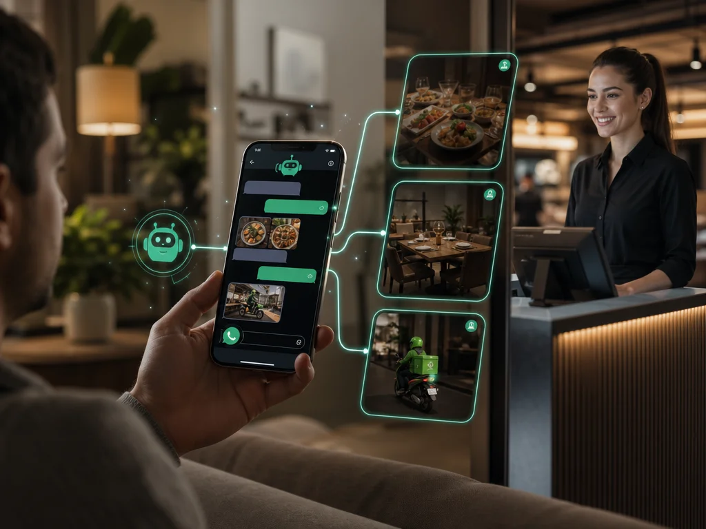 AI chatbot on smartphone managing restaurant orders, reservations, and menu questions automatically