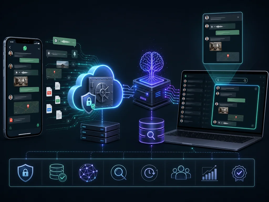 AI workflow diagram showing automatic WhatsApp backup and instant searchable lead recovery