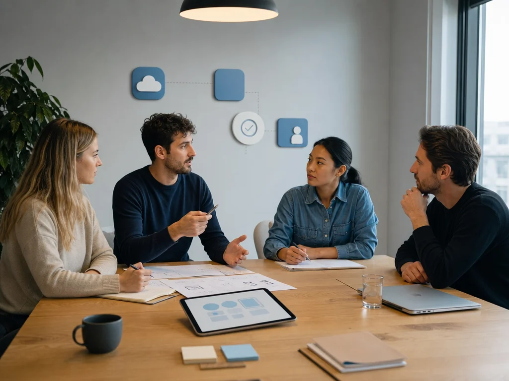 Startup team discussing a minimalist workflow in a calm meeting room with offline productivity tools