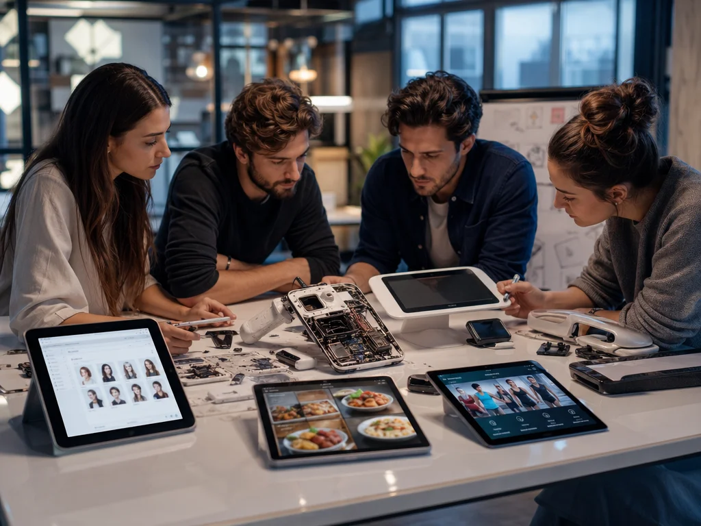 Startup team analyzing a failed product prototype and simplifying it into a better solution