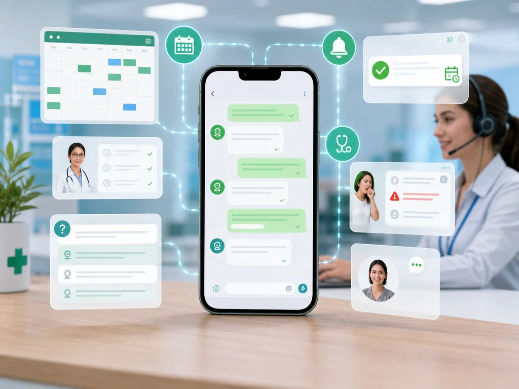 Fluxo visual de chatbot no WhatsApp com agendamento, lembretes e triagem para clínica.