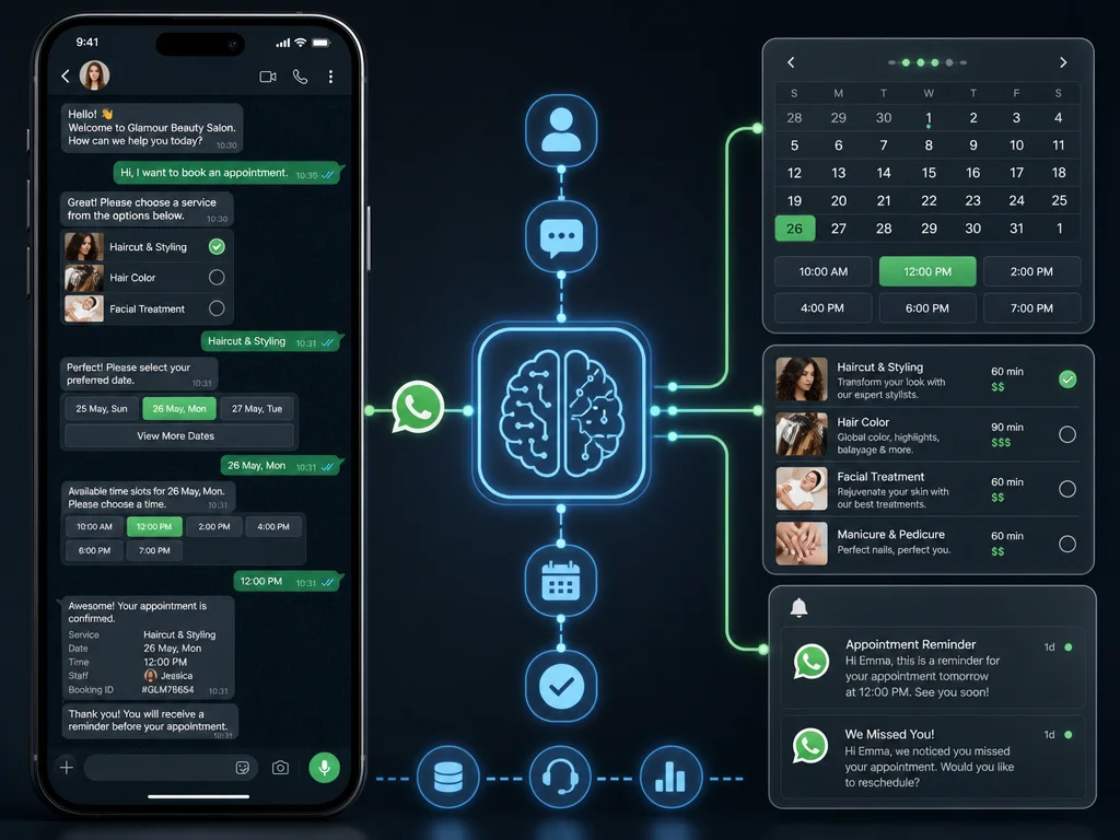 Workflow diagram of a WhatsApp chatbot automating salon appointments from chat to calendar confirmation