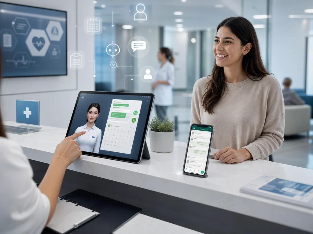 AI receptionist handling clinic WhatsApp scheduling, lead capture, and appointment confirmations in a modern medical office