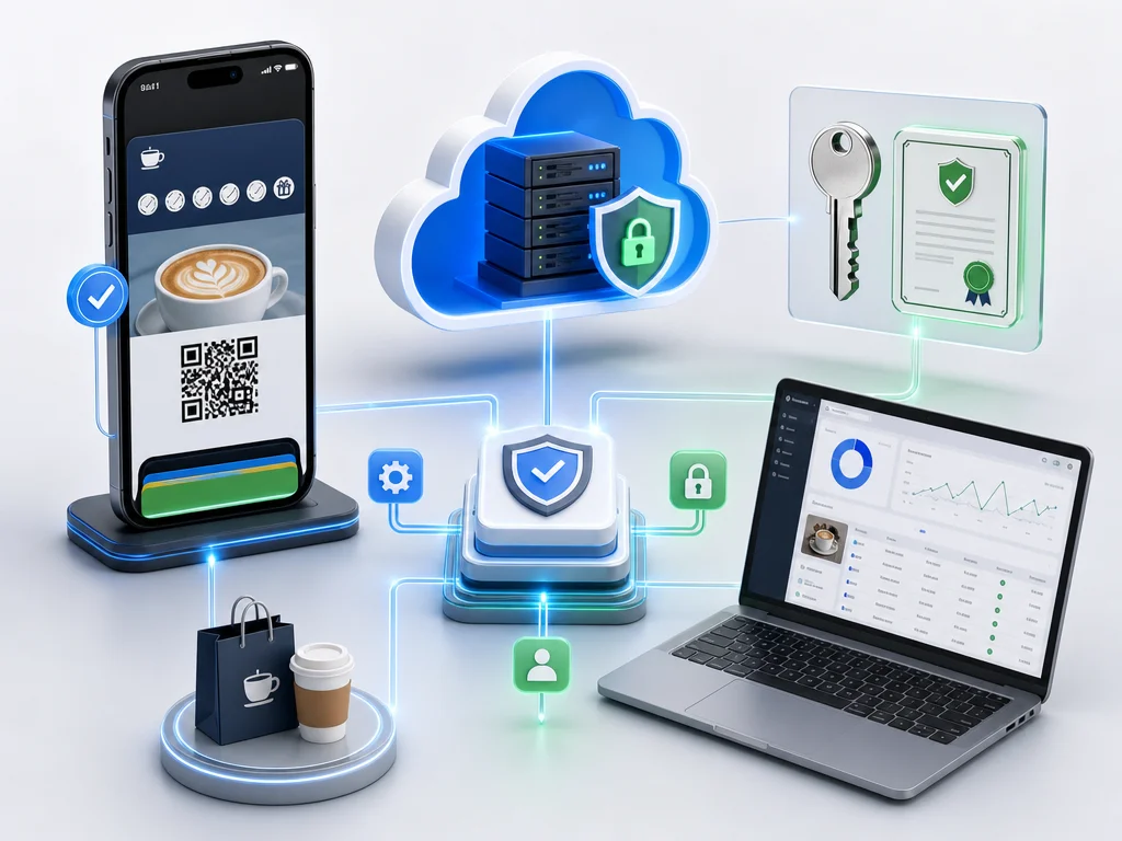 Workflow-style image showing secure digital pass creation connected to a smartphone, cloud service, and business dashboard