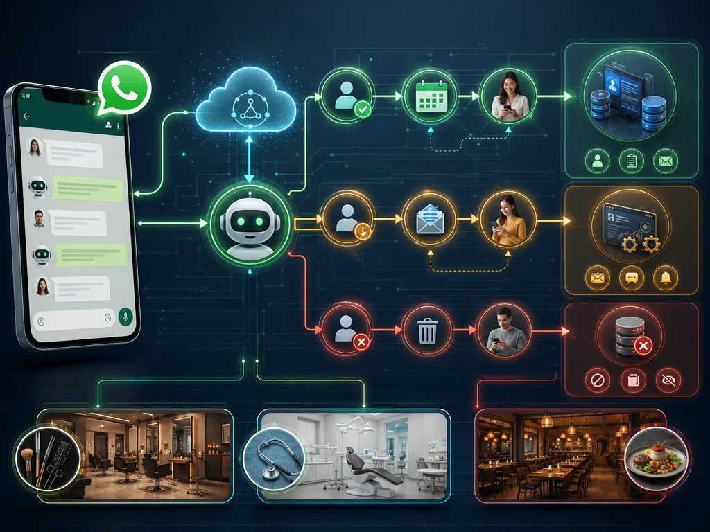Workflow diagram of chatbot qualifying WhatsApp leads and routing hot prospects to sales or booking