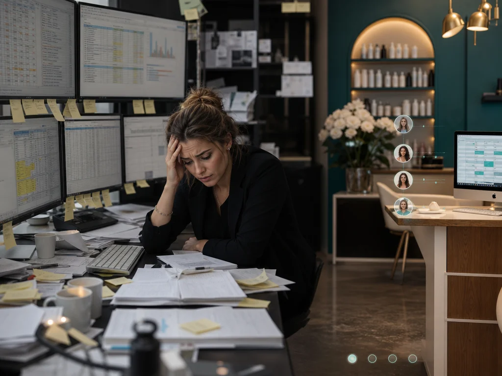 Messy spreadsheets and missed salon follow-ups contrasted with an organized automated CRM workflow