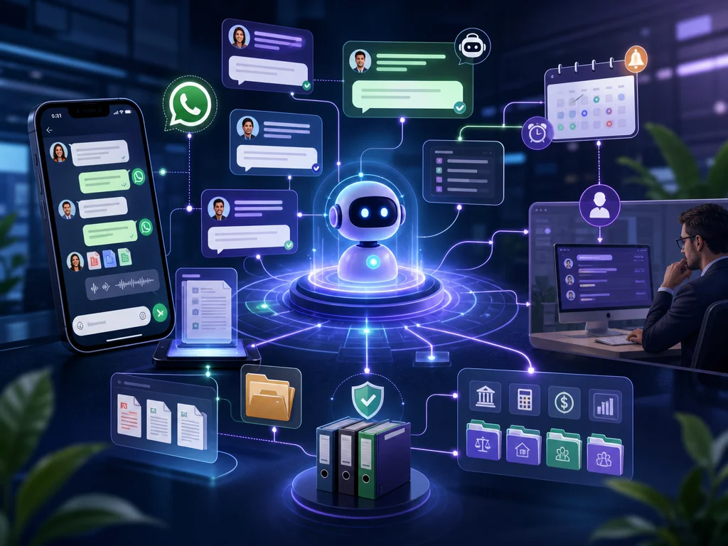 Chatbot contábil automatizando WhatsApp com documentos, lembretes e triagem de clientes.