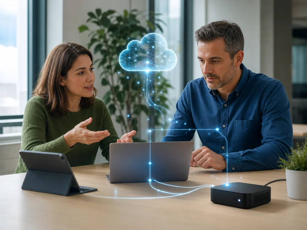 Small business team exploring efficient AI tools in a clean office setting with compact devices