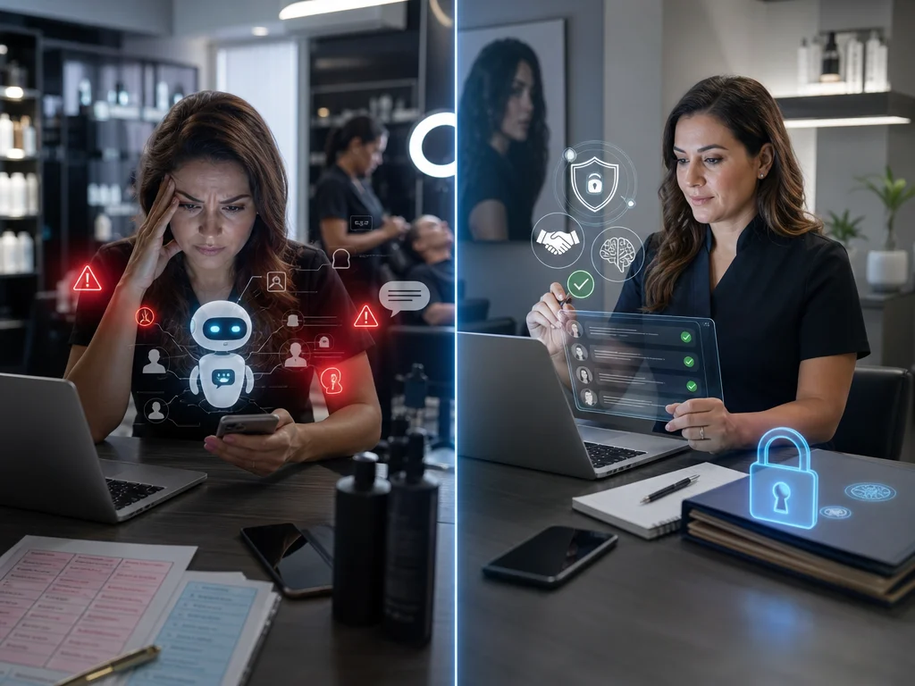 Ethical risks of AI for small businesses shown with chatbot warnings and human oversight