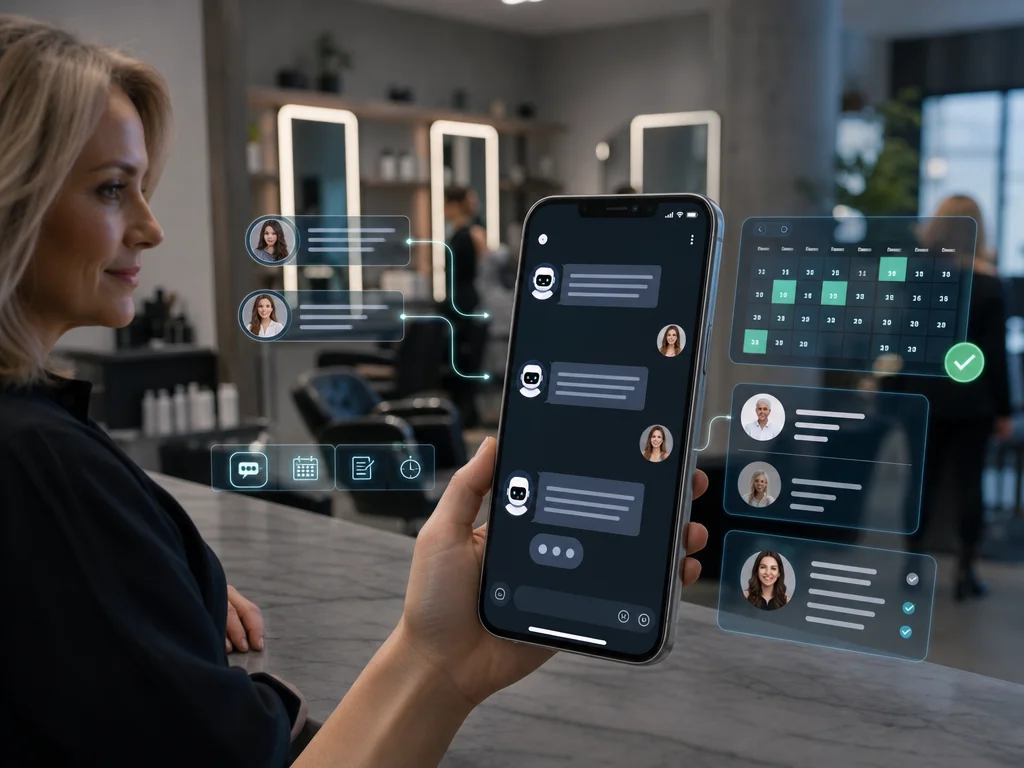 Smartphone AI chatbot qualifying WhatsApp leads and scheduling appointments instantly for a local business.
