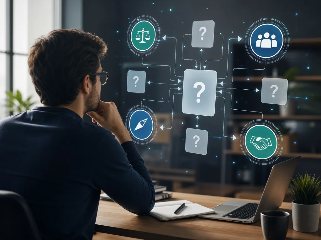 Founder reviewing startup values questions and decision pathways in a modern workspace