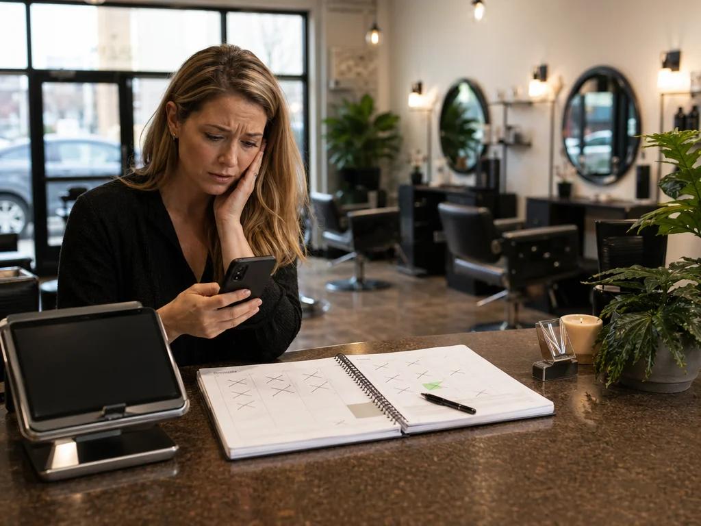 Empty salon chairs and a worried owner illustrate the cost of appointment no-shows