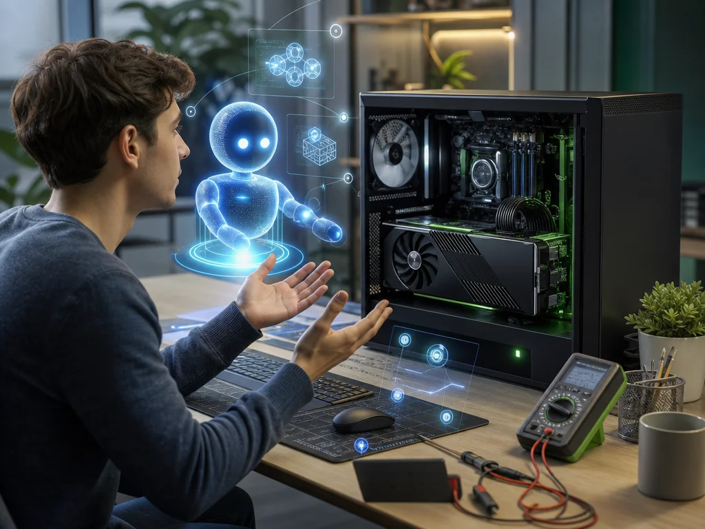 FAQ-style scene showing a beginner-friendly Nvidia GPU setup with diagnostic and AI support visuals