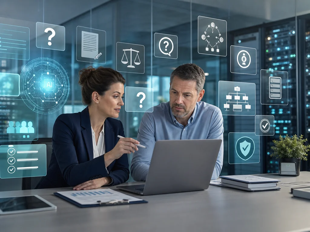 Compliance analyst and manager review AI ethics FAQs with governance modules and risk indicators in a modern office.