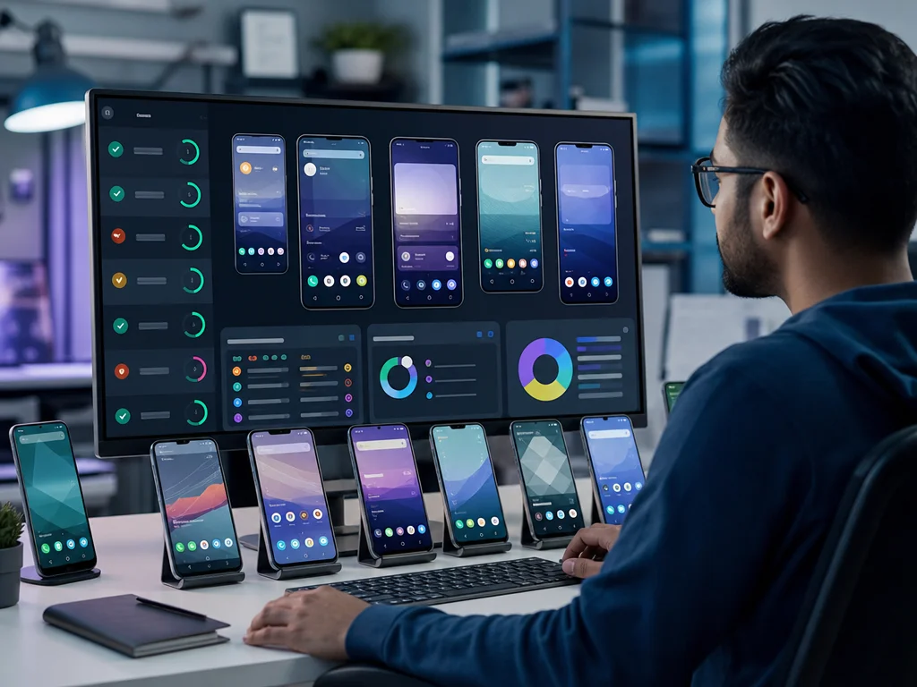Developer reviewing Android app compatibility across different skins on multiple devices