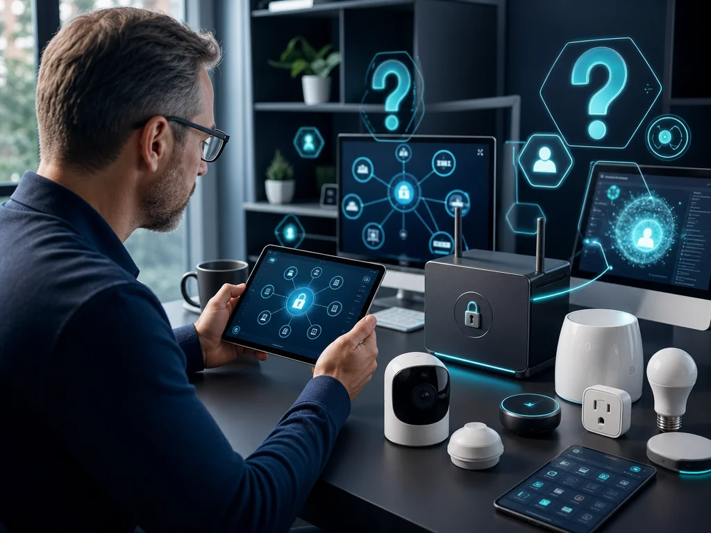 Privacy-focused IoT FAQ workspace with secure devices, edge gateway, and consulting setup