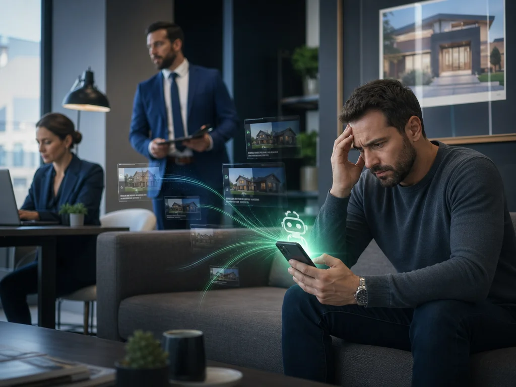 Frustrated buyer waiting for a real estate reply while AI automation promises instant response