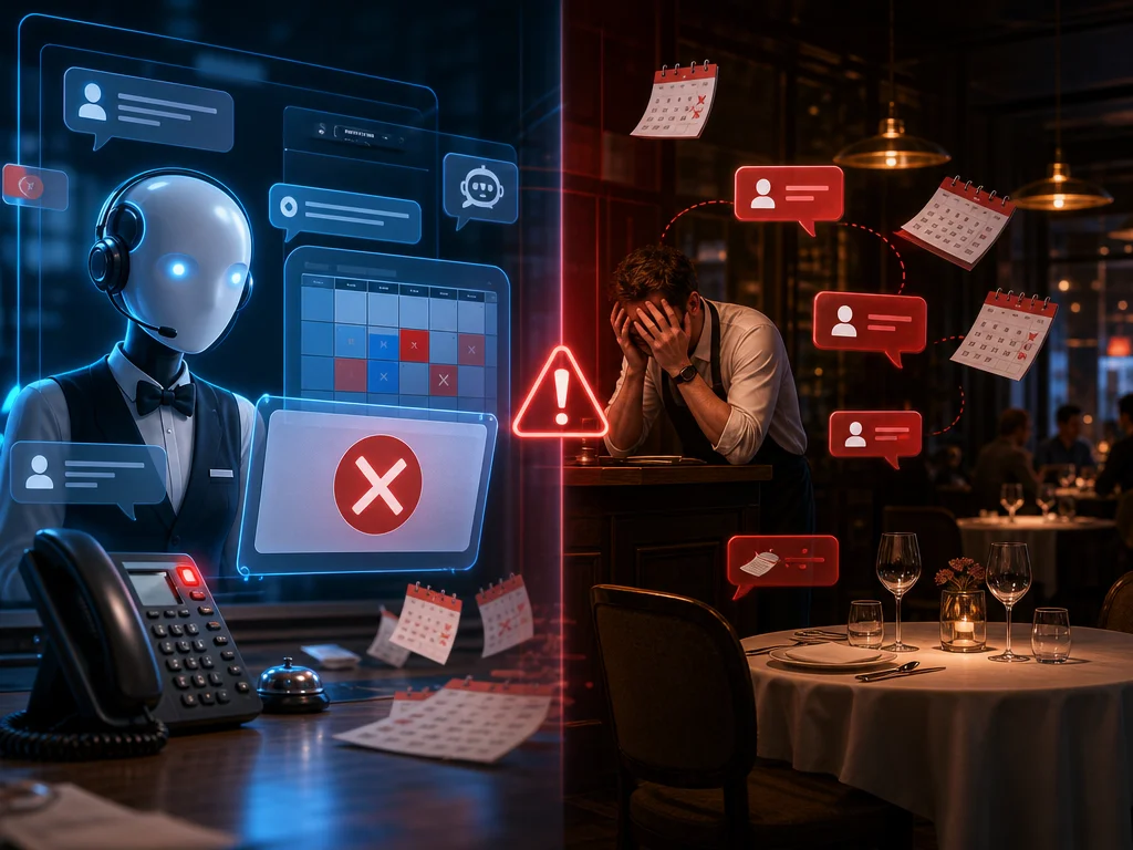 Conceptual split scene showing unreliable AI causing reservation mistakes and customer confusion in a restaurant
