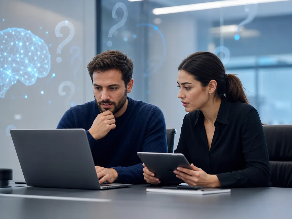 Founders reviewing AI startup marketing questions in a modern conference room with clean tech visuals