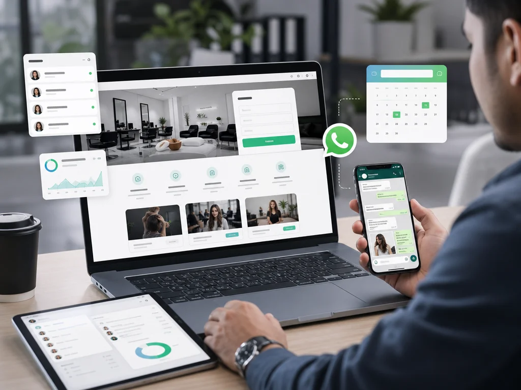 Website and WhatsApp connected on laptop and phone, showing automated lead capture for a small service business