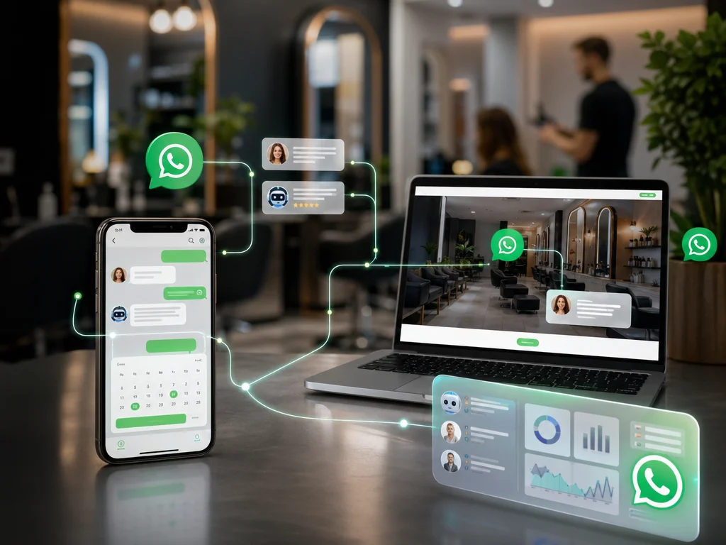 Smartphone and website connected to WhatsApp chatbot with automated lead capture and appointment booking
