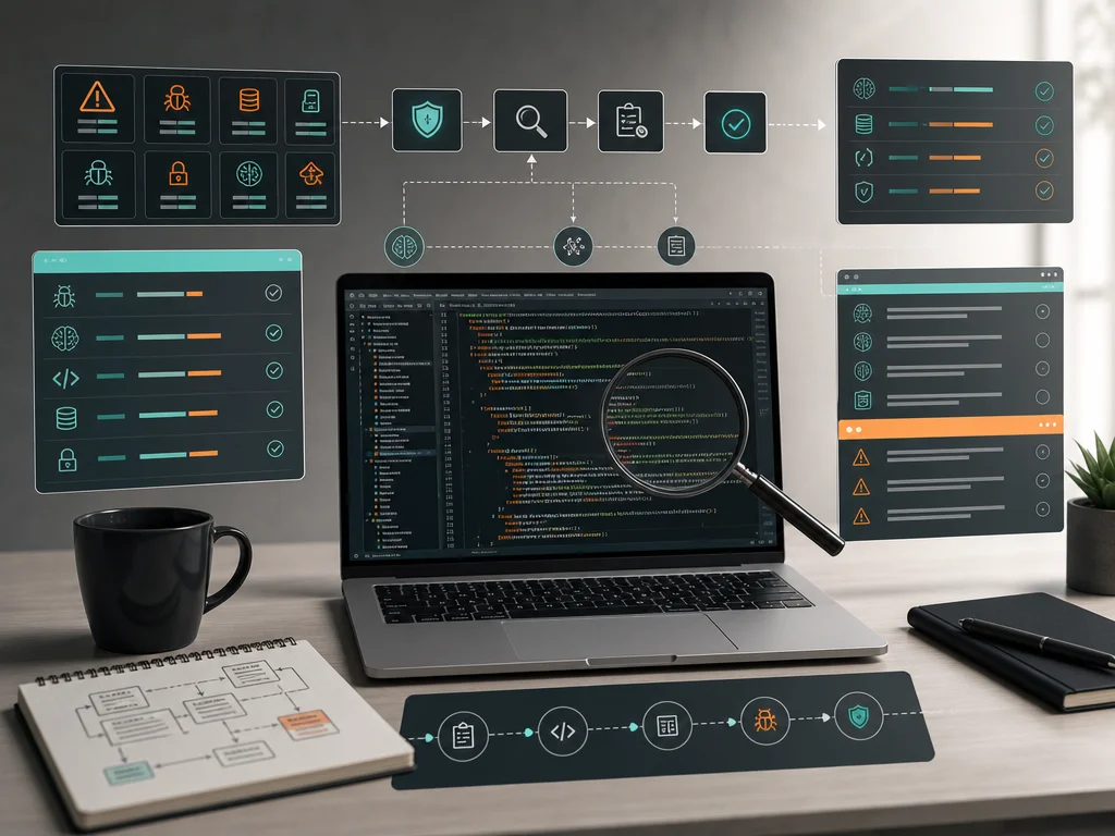 Code review workflow illustration for identifying AI-generated code errors and validation checkpoints