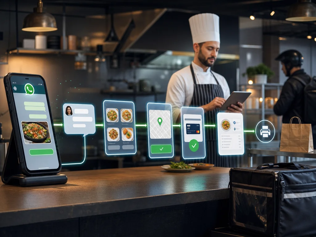 Visual workflow of WhatsApp restaurant orders moving from menu selection to payment and kitchen confirmation
