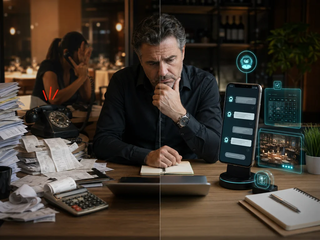 Split scene comparing costly human receptionist work with low-cost AI restaurant automation