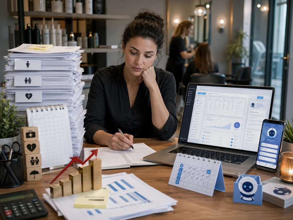 Business owner comparing receptionist payroll costs with AI automation savings on a desk