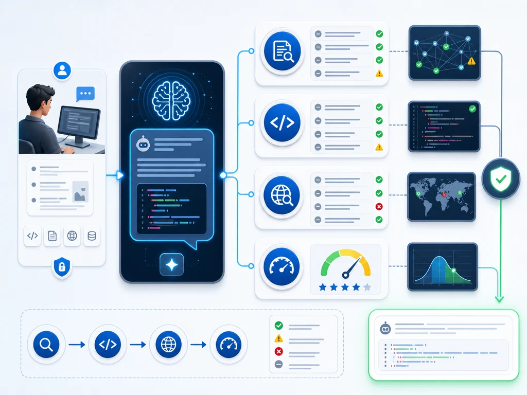 AI verification workflow diagram with validation layers for source comparison, fact checking, and confidence scoring