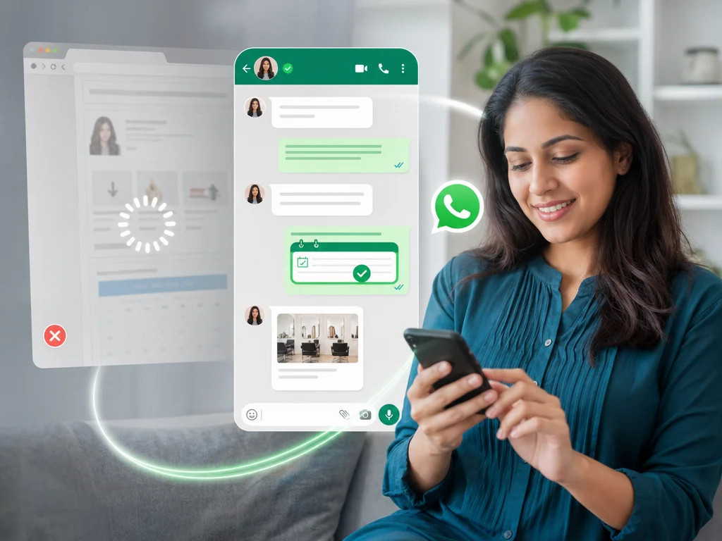 Customer booking instantly through WhatsApp chatbot while a website path fades into the background